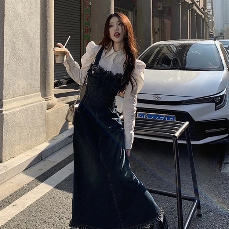 牛仔时尚叠穿连衣裙背带裙女秋季新款气质小众收腰显瘦别致长裙子
