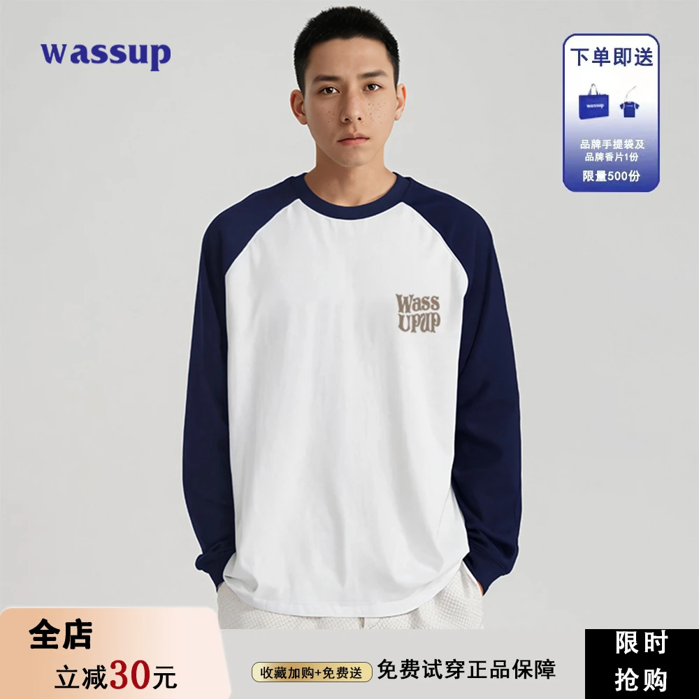 Wassup Magical纯棉秋季国潮印花长袖男女拼接插肩袖美式打底上衣