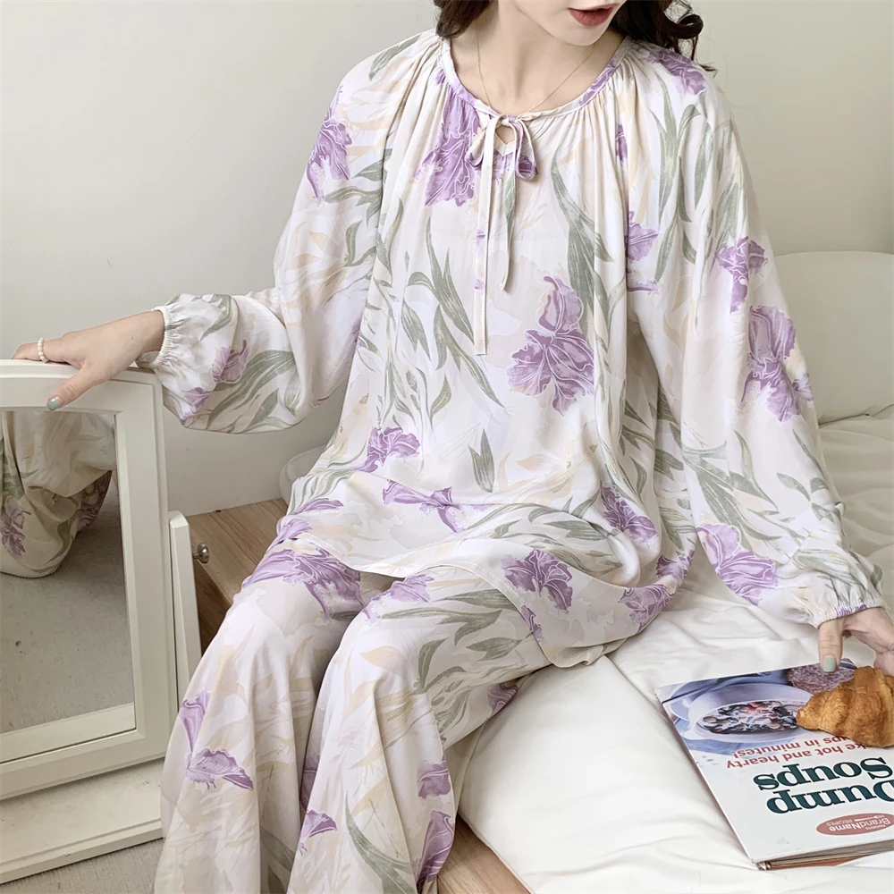 中式棉绸睡衣女国风人造棉老式棉绸夏天春秋可外穿加大码薄款家居