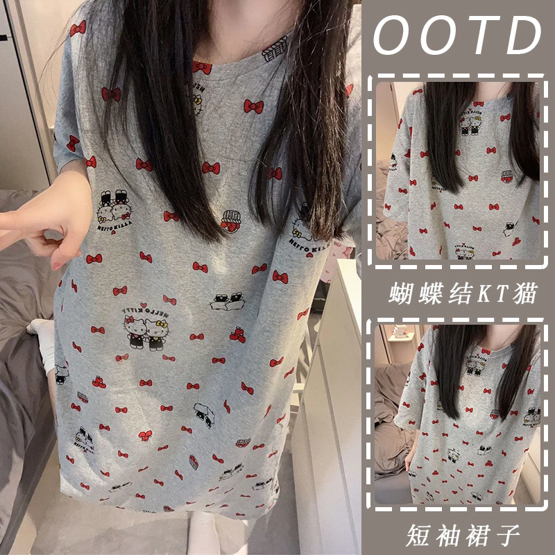 短袖睡裙女夏季新款可爱卡通印花韩版宽松圆领薄款睡衣裙子家居服