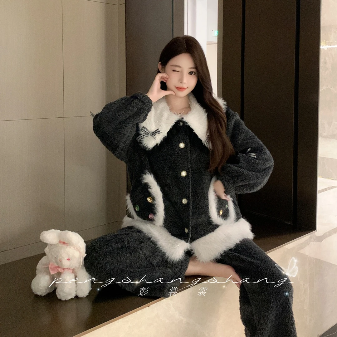 彭裳裳【墨染秋白】冬装上新睡衣居家服舒适百搭加厚保暖睡衣套装