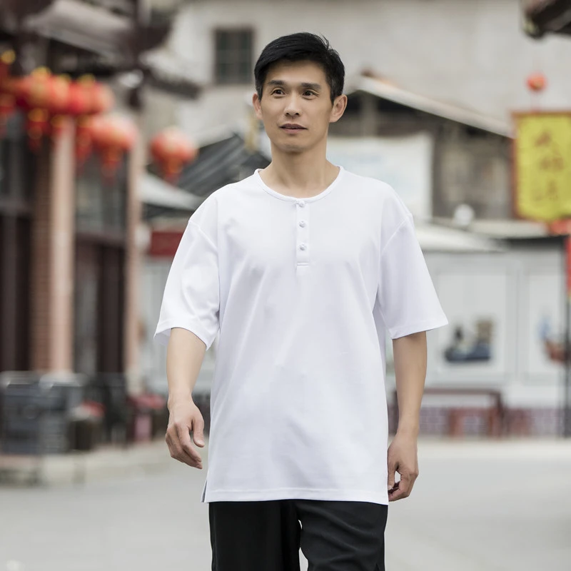 夏季武术练功服上衣男士太极拳白色衣服休闲国风纯色八段锦服装
