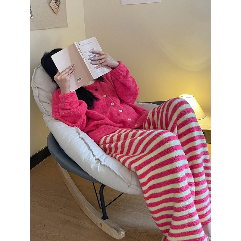 韩版撞色条纹半边绒长袖睡衣女秋冬季新款网红风加厚加绒大码套装