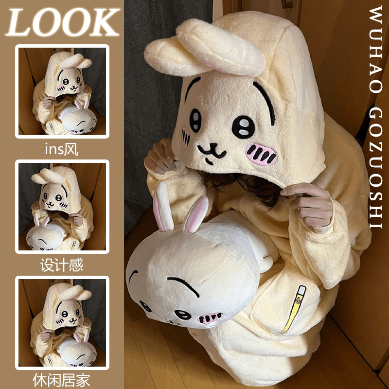 网红卡通乌萨奇连帽珊瑚绒睡衣女冬季加厚加绒2023新款家居服套装