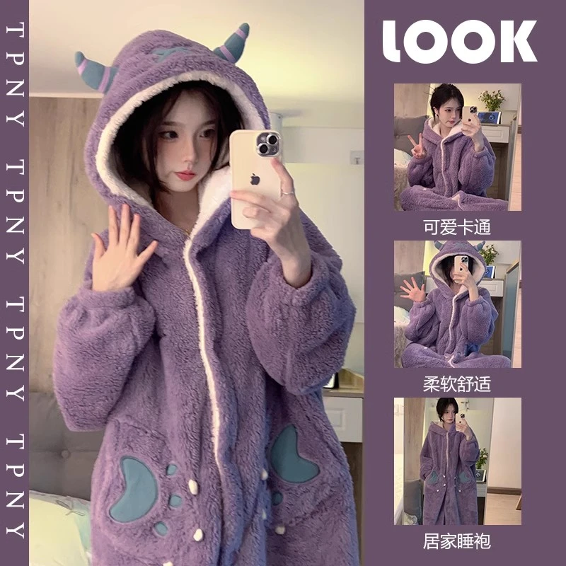 可爱大眼仔连帽外穿睡衣女居家新款加绒加厚大码家居服睡袍睡裙