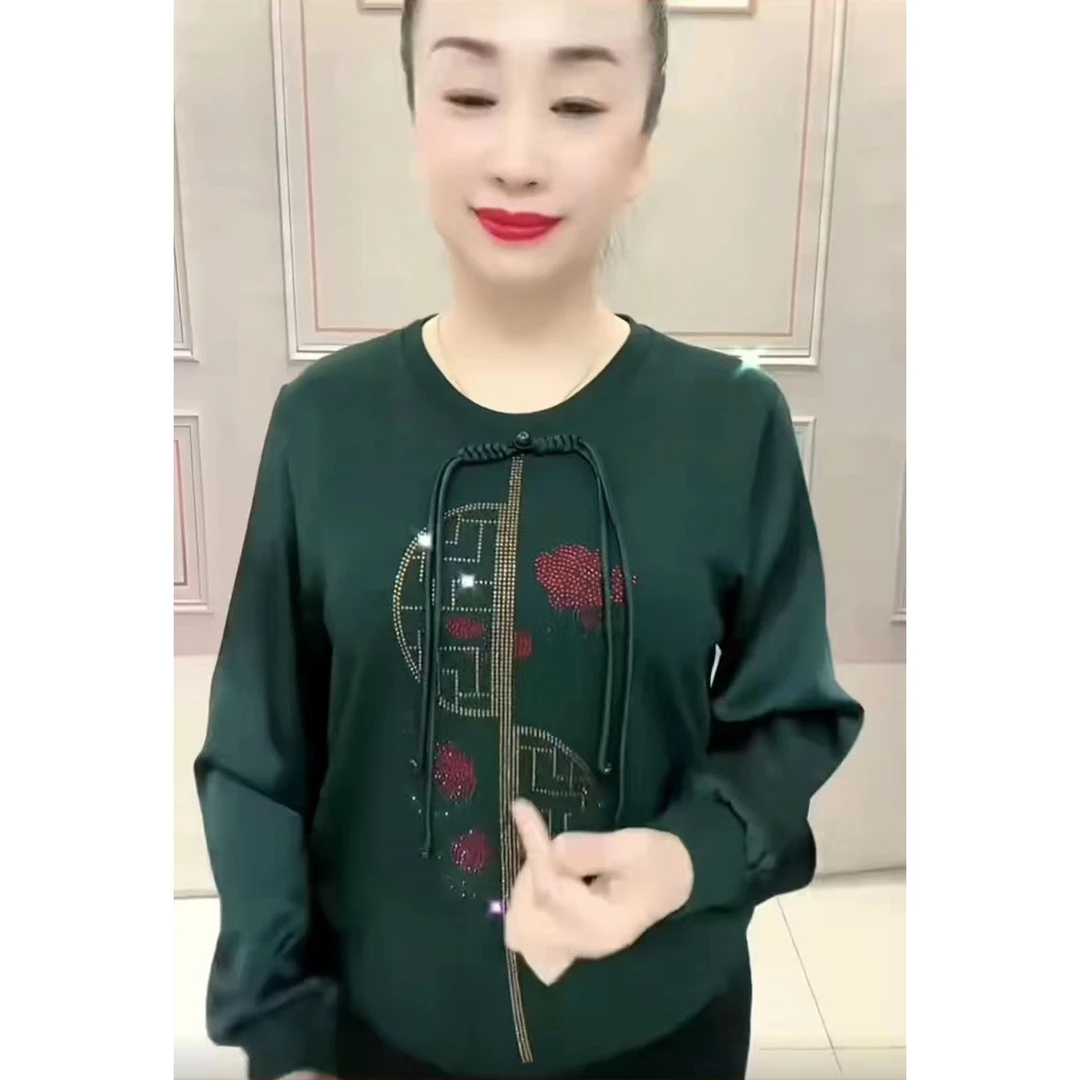 时尚中年妈妈款打底衫女拼接中式盘扣烫钻设计宽松减龄百搭小衫潮