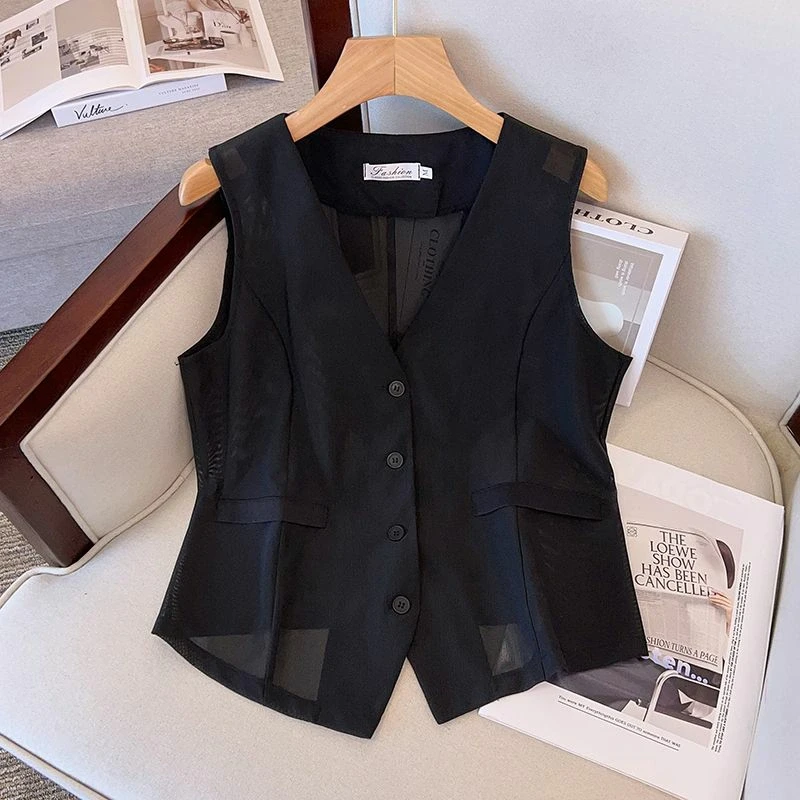 马甲薄款女背心2025夏季新款高端短款无袖西装V领网纱小坎肩外搭