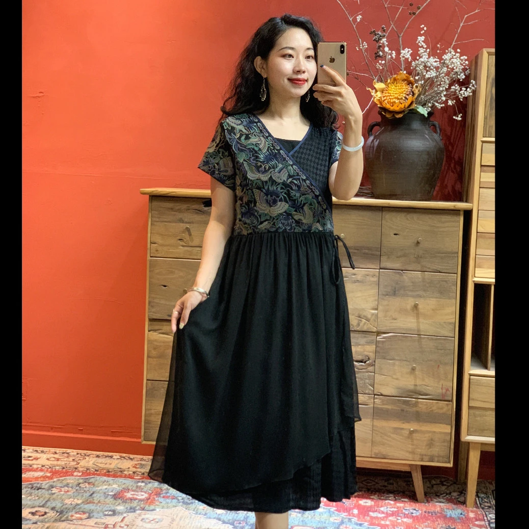 【羊在在】国风民族风V领刺绣中长款网纱拼接设计连衣裙裙子L587