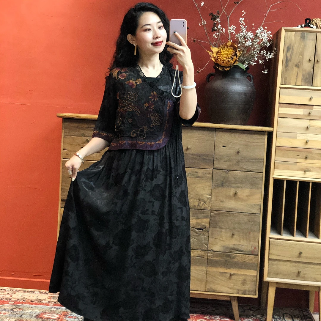 羊在在民族风刺绣连衣裙夏季宽松大码中式中国风复古长裙LYQ673