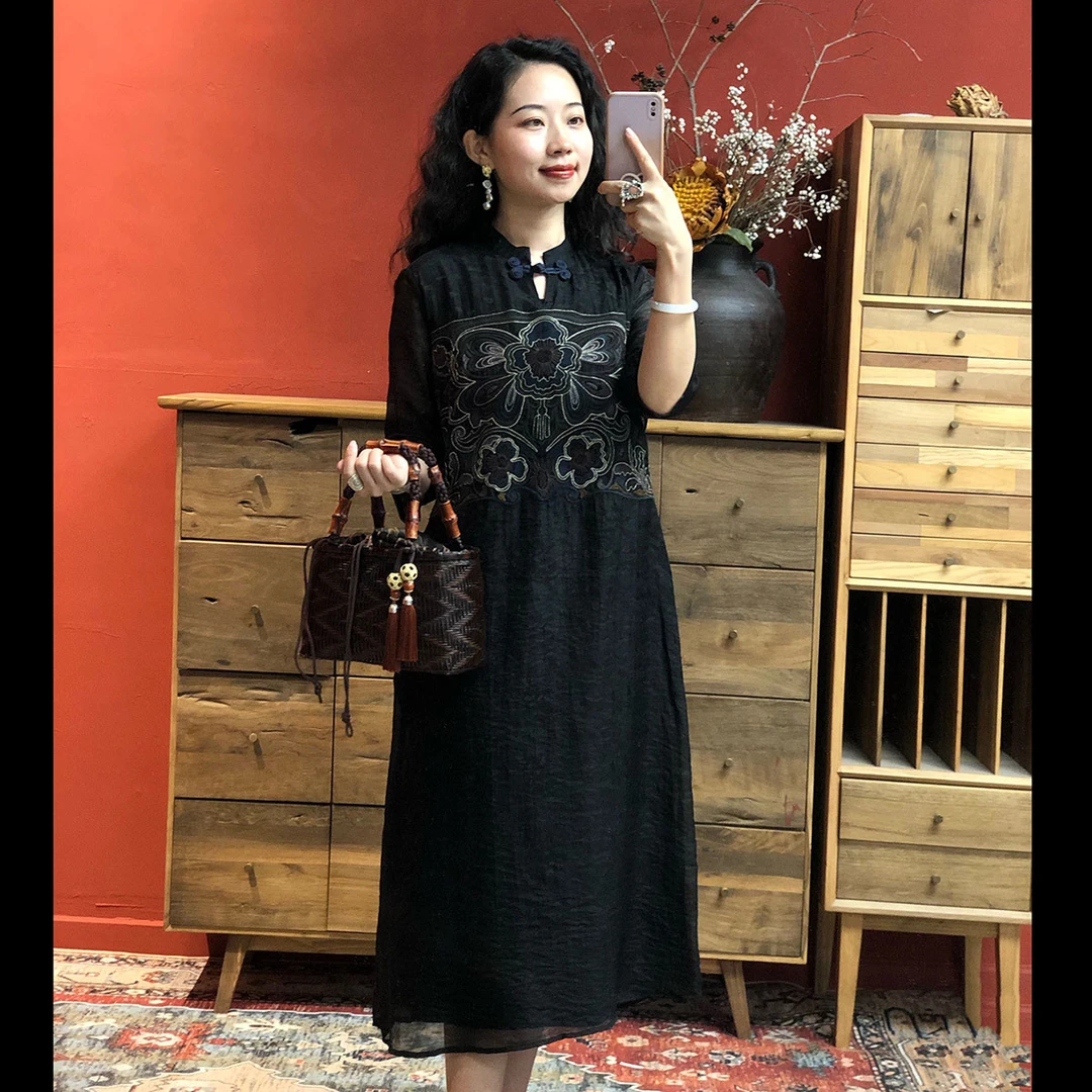 【羊在在】国风民族风春夏新品复古中式气质透气双层盘扣连衣裙L666