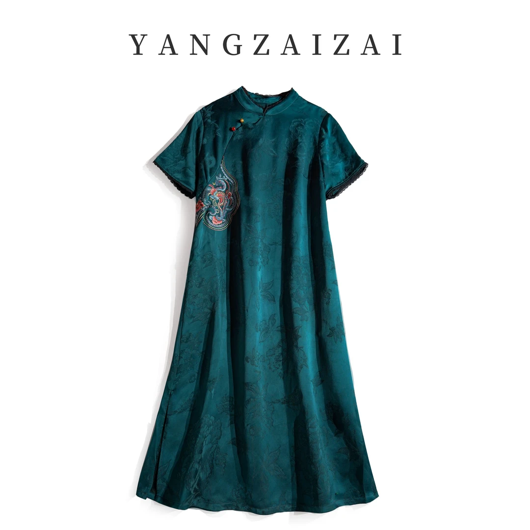 羊在在新中式原创国风刺绣连衣裙女民族风气质长裙