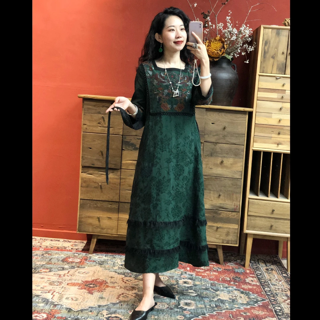 【羊在在】民族风国风气质中式复古七分袖飘带改良长裙连衣裙L023