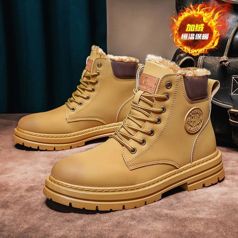 冬季加绒加厚马丁鞋男士百搭高帮工装靴子休闲中帮时尚男靴防水