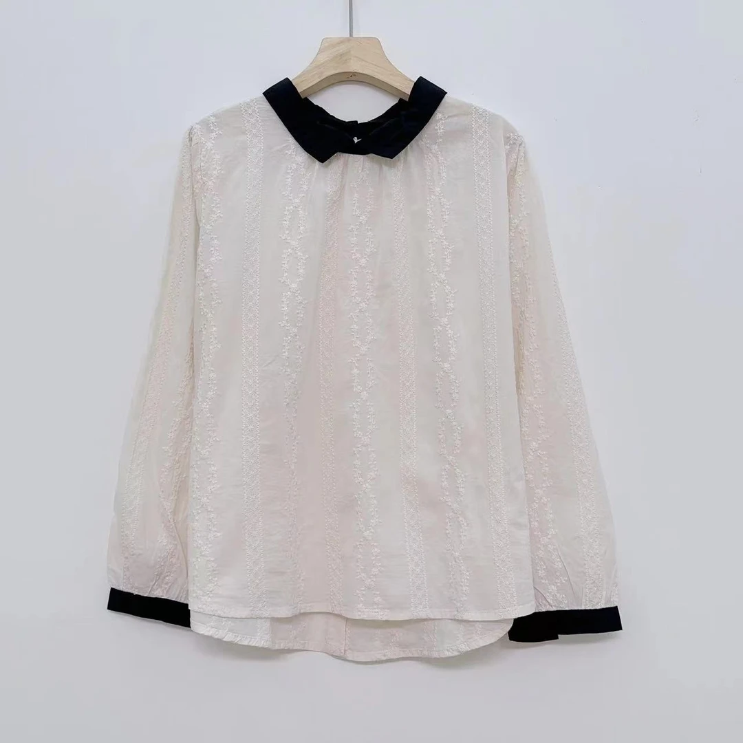 MANXMAN【夜幕流星】新款翻领撞色蕾丝气质长袖白色时尚百搭上衣