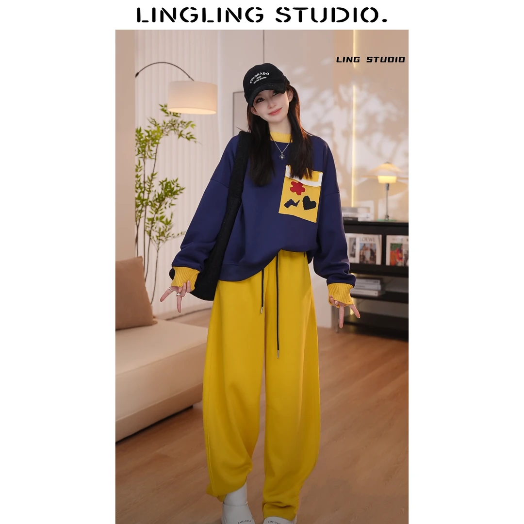 4092720-零零  好心情 2024秋冬季百搭时尚拼接休闲卫衣圆领长袖