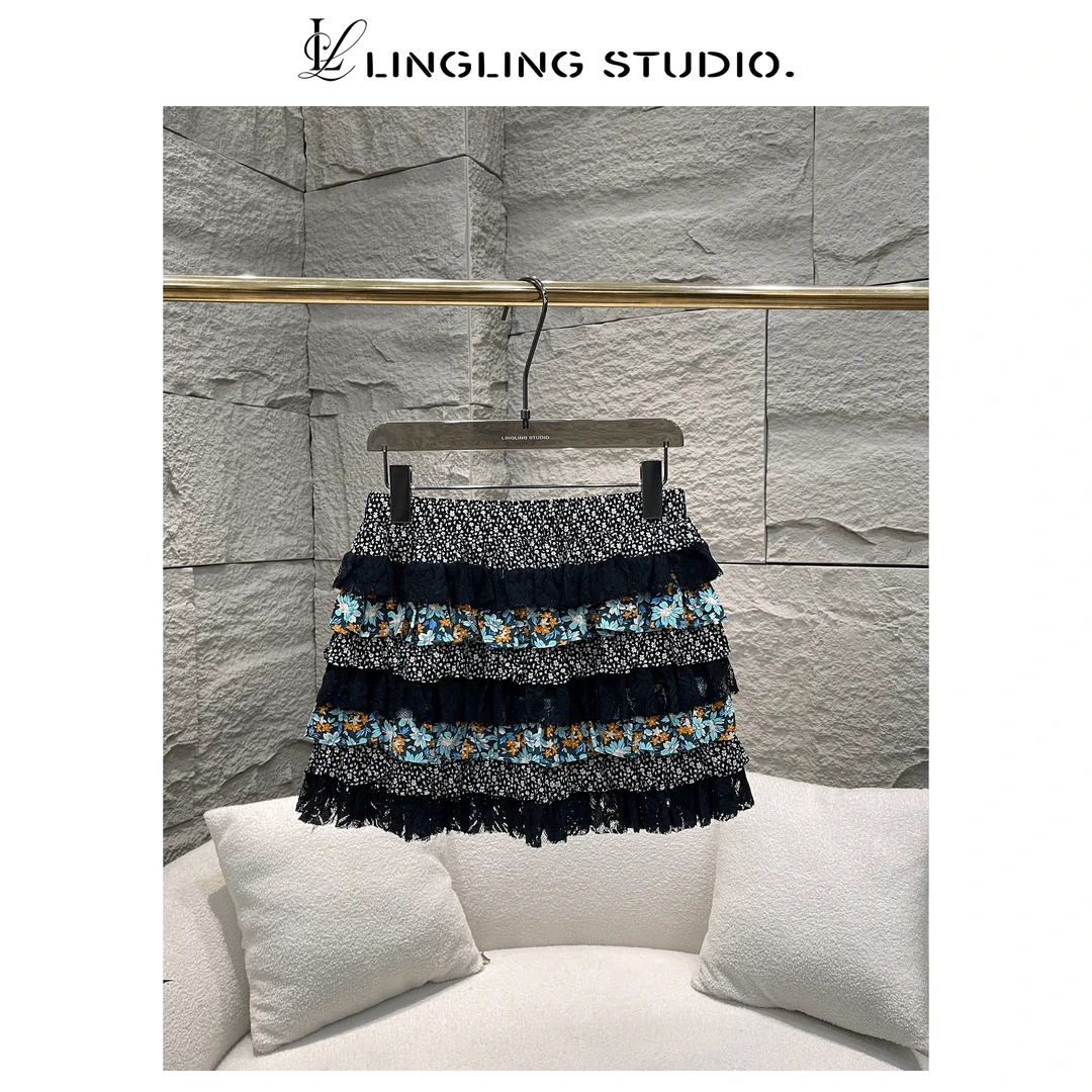 4051257-零零『碎花小仙』2024夏季新款时尚减龄休闲撞色碎花半身裙