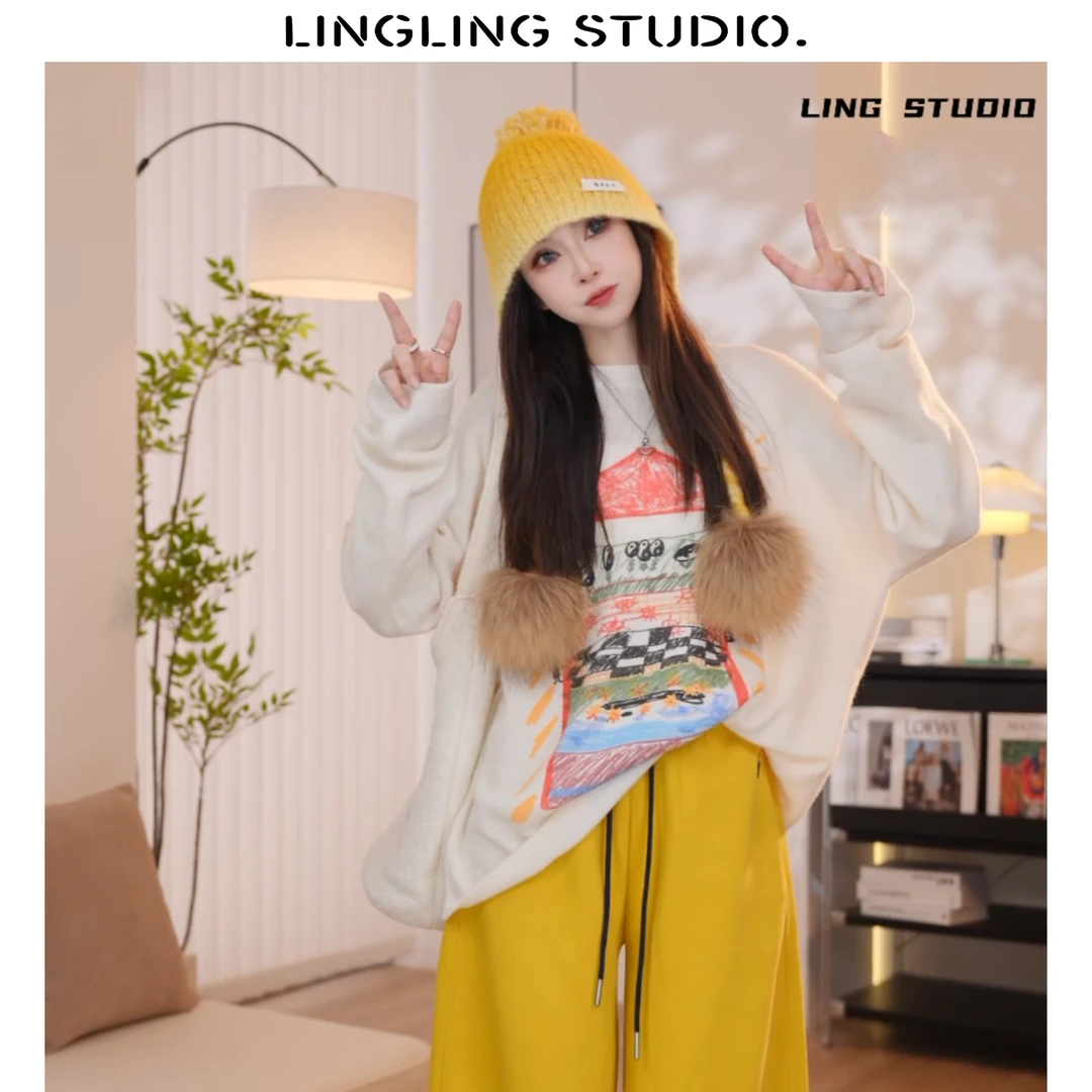 4081501-零零 秋日涂鸦 2024秋季时尚设计师款针织圆领羊毛毛衣