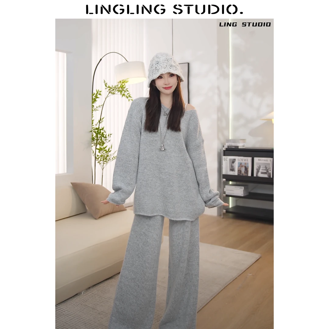 4082305-零零『时光静好』2024秋冬时尚气质洋气慵懒长袖针织套装