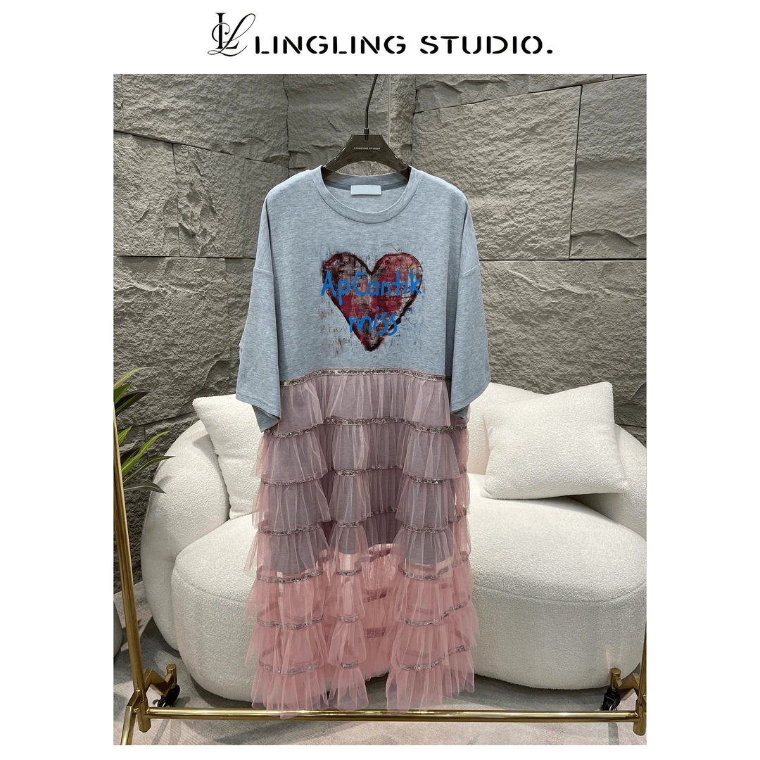 4041377-零零『爆炸甜』百搭夏季时尚纱网镂空拼接贴钻宽松连衣裙