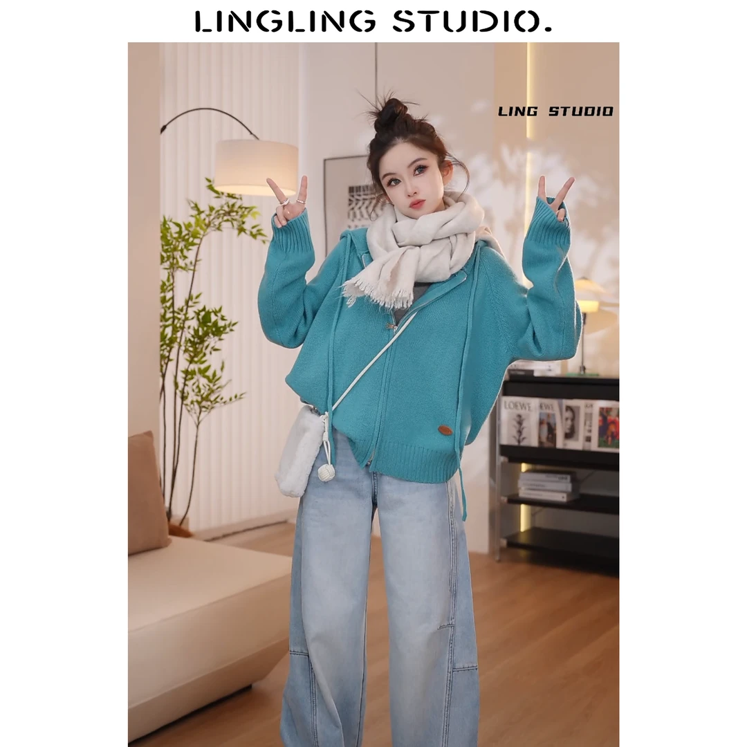 零零严选-纯羊毛 新鲜感 2024秋冬季时尚休闲拼接慵懒连帽毛衣