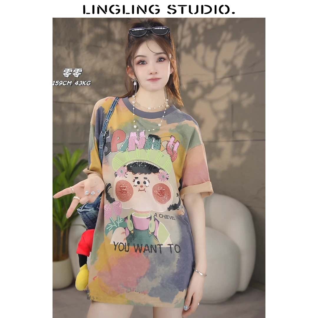 4052392-零零『可可爱爱』2024夏季卡通可爱撞色设计师圆领短袖T恤