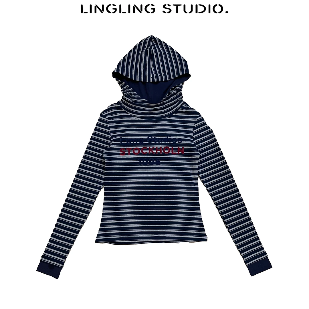 4091009-零零『条纹潮妹』2024秋季ins时尚百搭休闲条纹连帽长袖T恤
