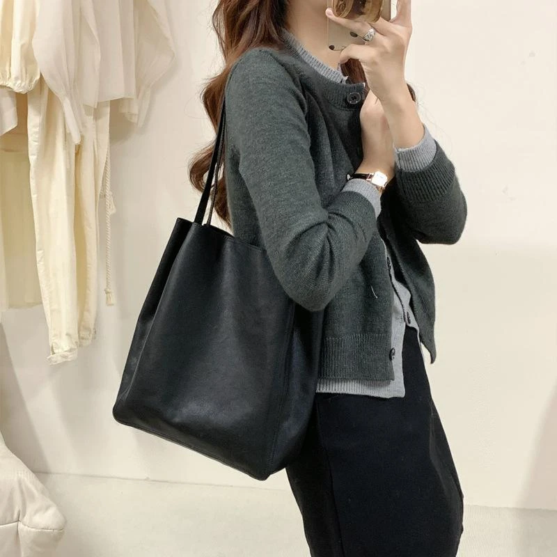 极简风单肩托特包2024新款头层植鞣牛皮水桶包女真皮子母通勤包包