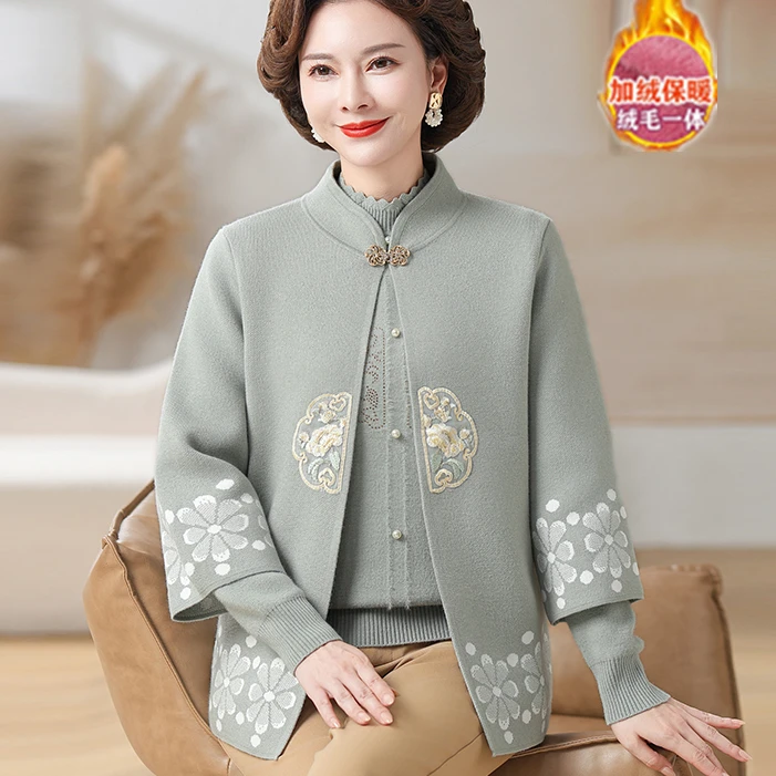 妈妈冬装新款国风加绒针织外套开衫中老年女秋冬毛衣两件套上衣