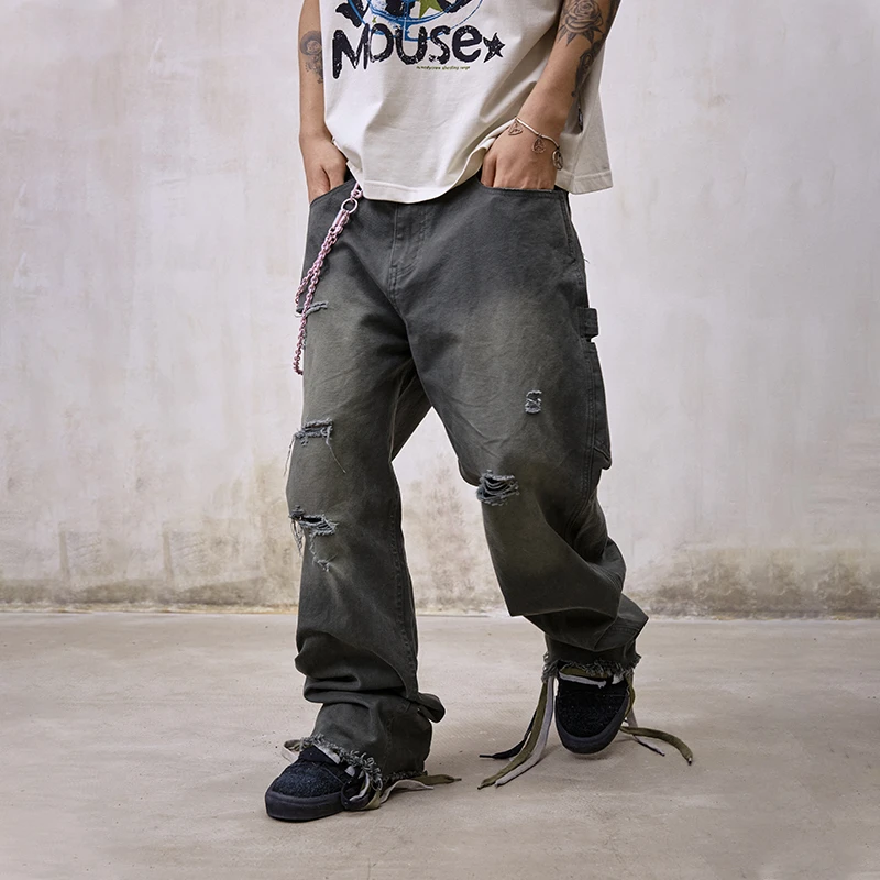 Remedy春秋款国潮水洗破洞流苏休闲长裤美式潮牌宽松直筒牛仔裤男