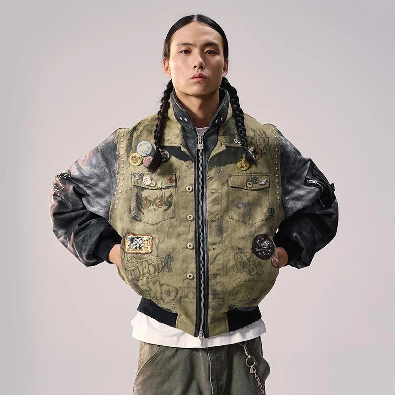 Remedy 冬季新款国潮印花拼接夹棉外套美式潮牌宽松bomber夹克男