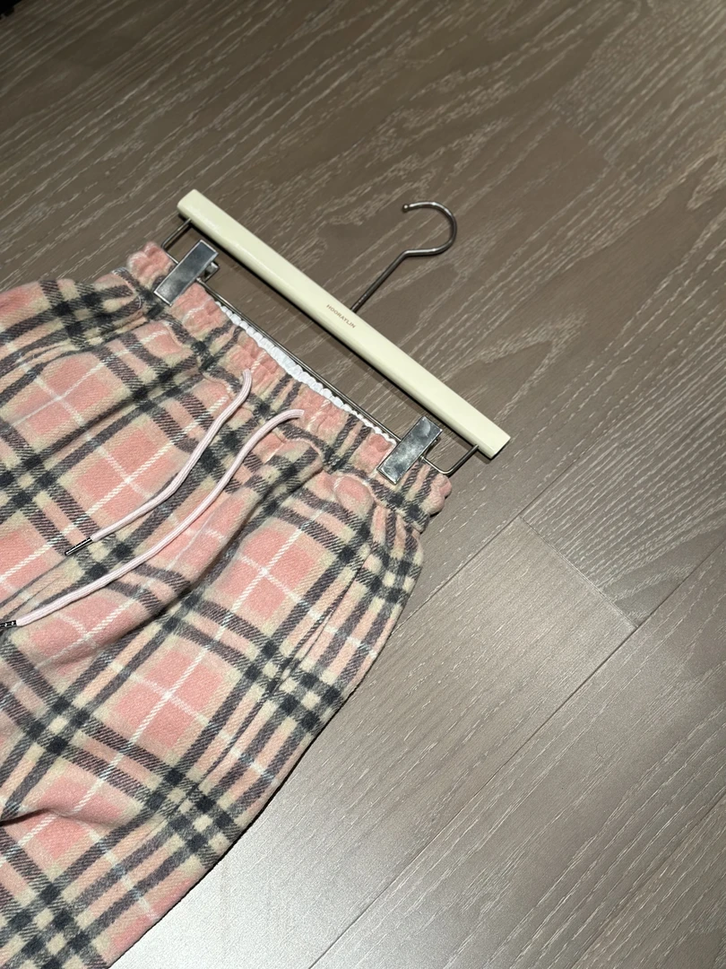 【HoorayLin】 （粉霜）粉色阔腿格子裤#XY-240106