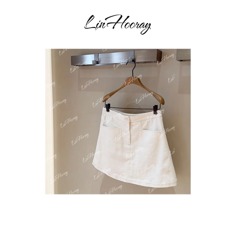 【HoorayLin】“奶盐白”口袋白色牛仔裙#HD8080