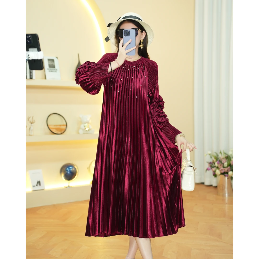 【晶晶】S3563金丝绒连衣裙大码遮肚减龄洋气