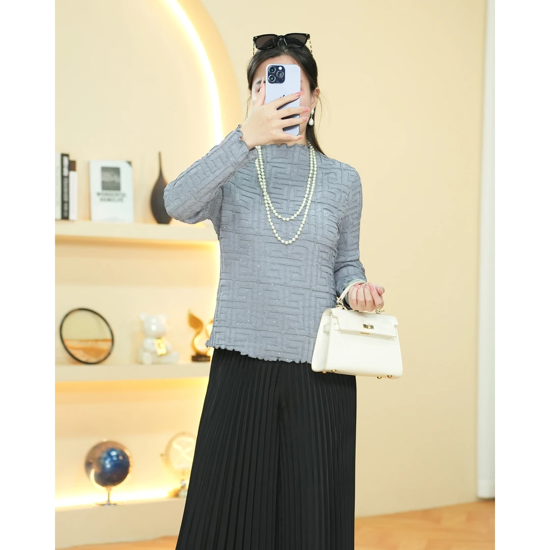 【欧洲站】LL065新款百搭时尚长袖打底衫弹力立领T恤外穿上衣