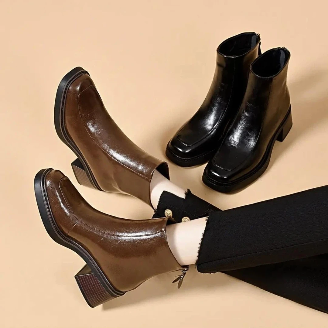 秋冬爆款新款短靴时尚气质百搭方头厚底英伦风小裸靴真皮马丁靴女