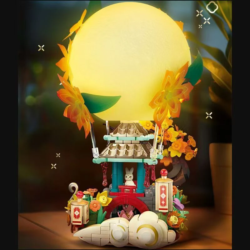 中国风积木亭阁月影中秋节礼盒嫦娥奔月玉兔仙宫拼装益智玩具摆件