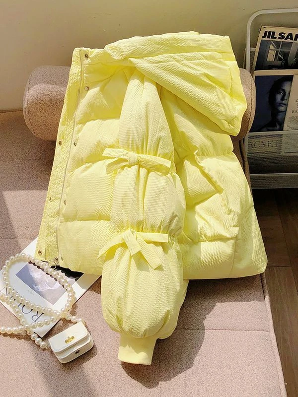 2023黄色爆款绒服女款冬季新款时尚甜美宽松灯笼袖蝴蝶结棉袄保暖