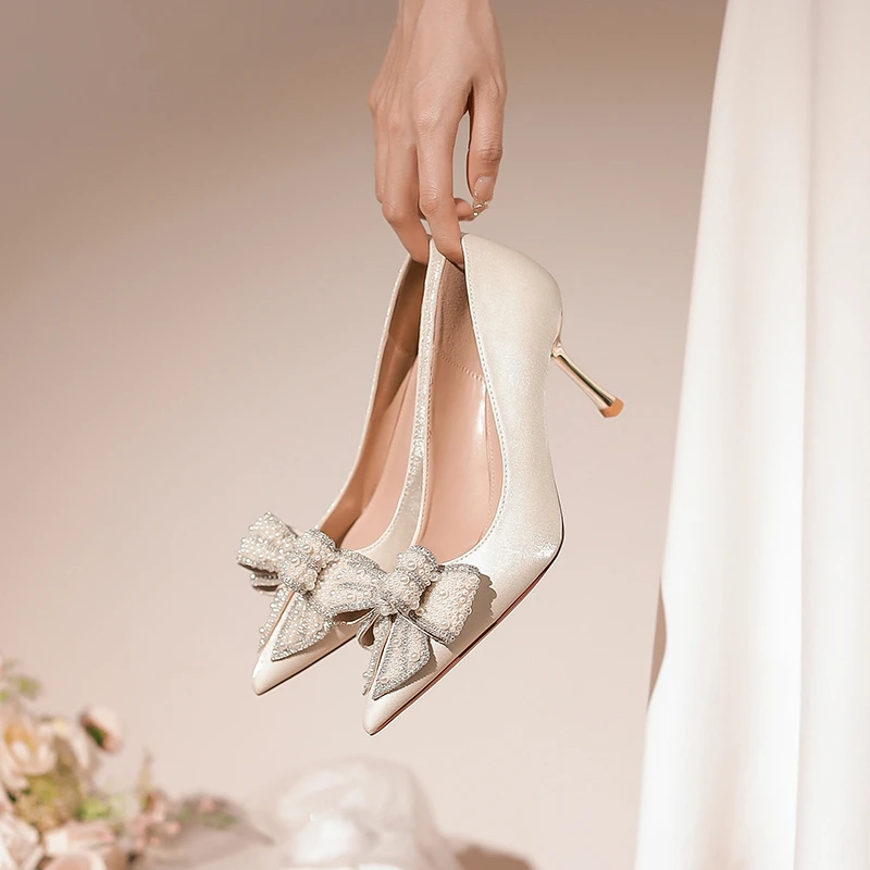 【池美】珍珠蝴蝶结法式高跟鞋女婚鞋婚纱秀禾两穿气质伴娘鞋配裙子