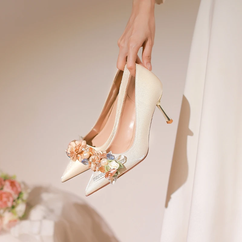 【池美】法式花朵单鞋女订婚高跟鞋礼服鞋主纱结婚鞋禾秀婚纱两穿