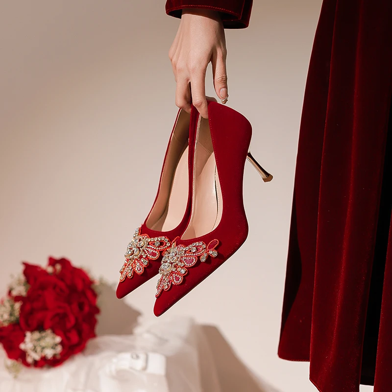 【池美】小众中式新娘鞋婚鞋女2024新款水钻红色高跟鞋敬酒服秀禾鞋