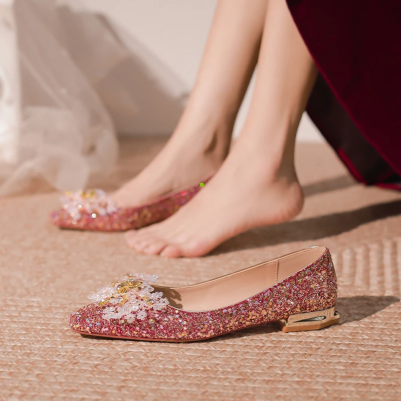 【池美】方头平底水晶红色新娘鞋婚鞋女2024新款敬酒服孕妇不累脚