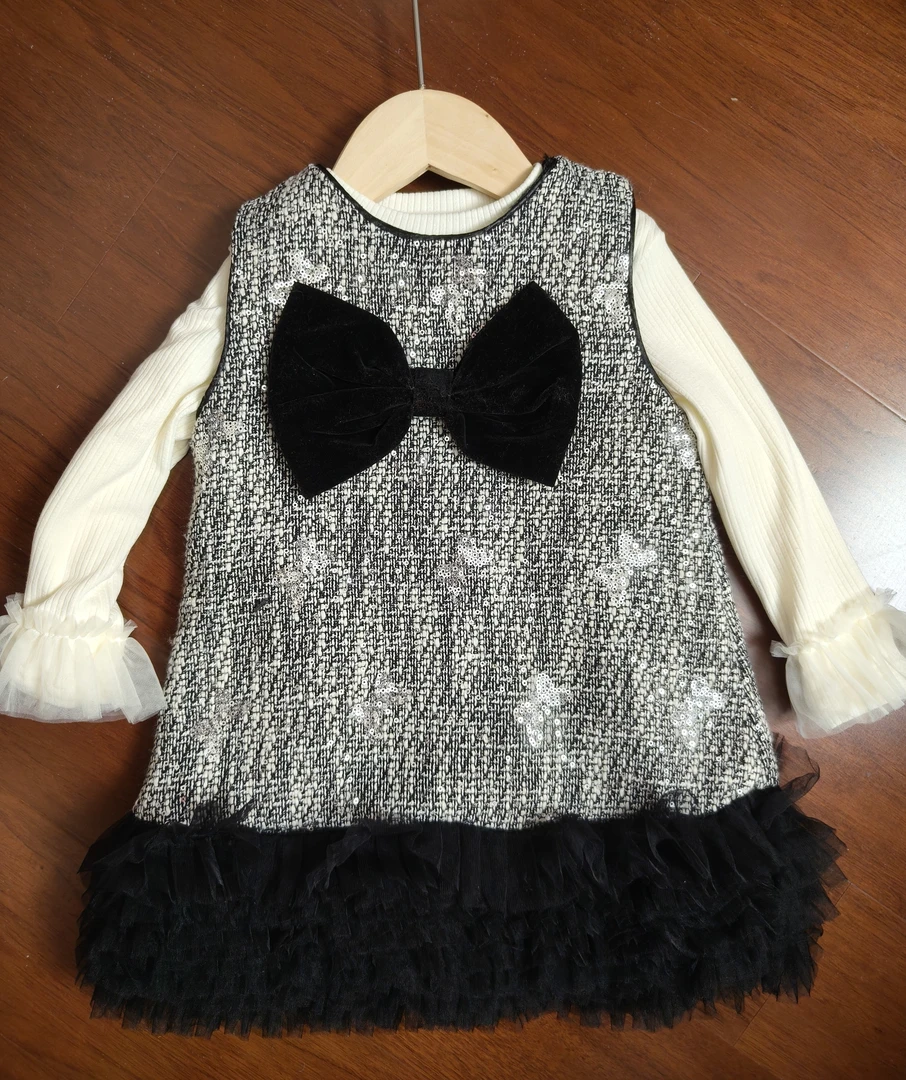 女童加绒连衣裙小香风蝴蝶结亮片公主裙秋冬背心裙两件套加绒新款