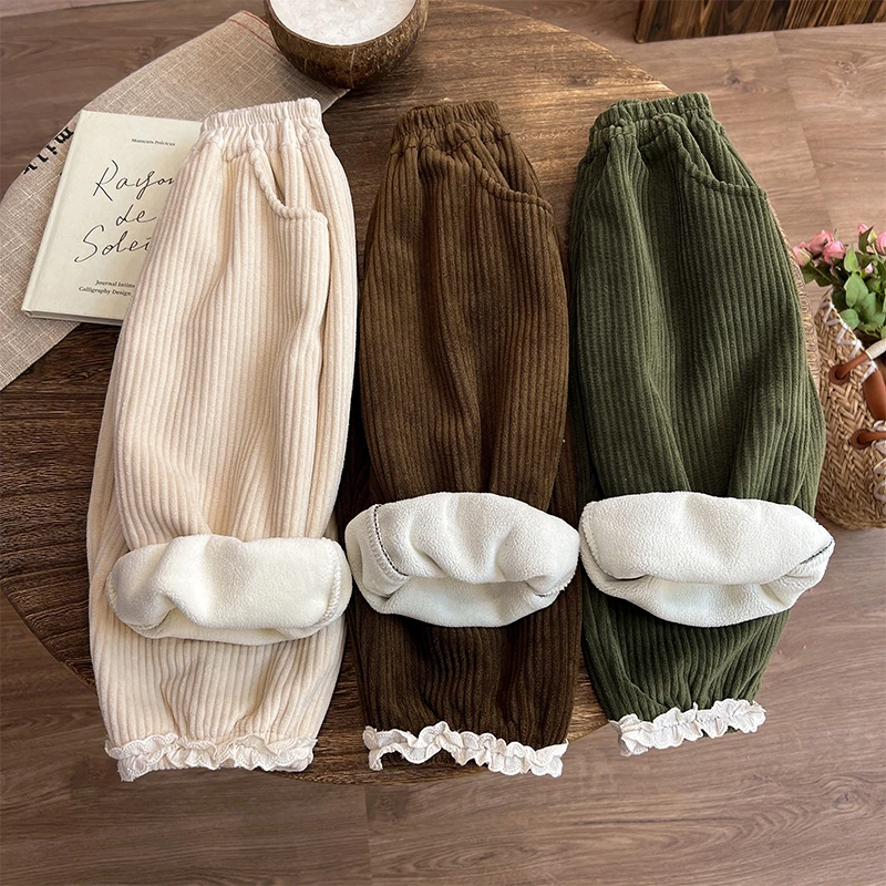 女童裤子秋冬2025新款女宝宝哈伦裤洋气韩版花边灯芯绒一体绒潮童