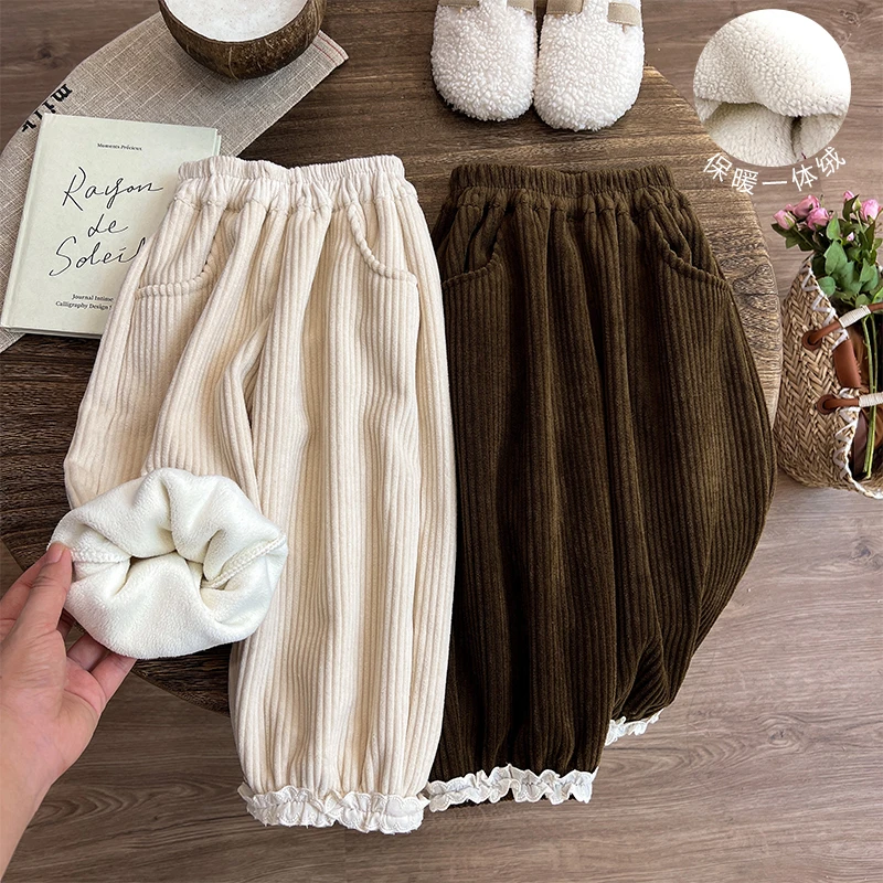 女童加绒裤子秋冬款女宝宝冬装儿童一体绒2025新款冬季加厚萝卜裤