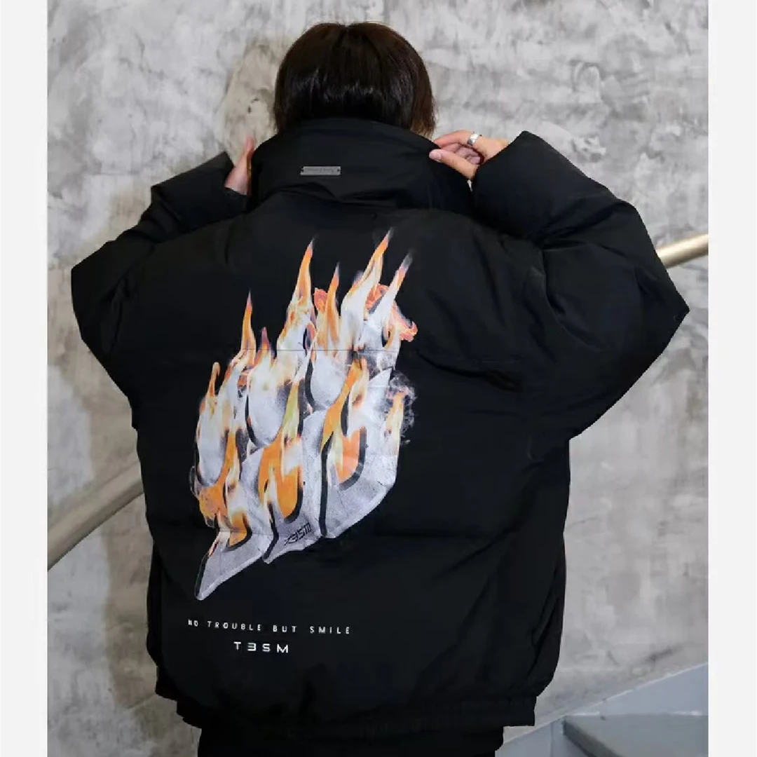 0480美式潮牌冬季保暖字母情侣百搭印花宽松加厚时尚棉衣