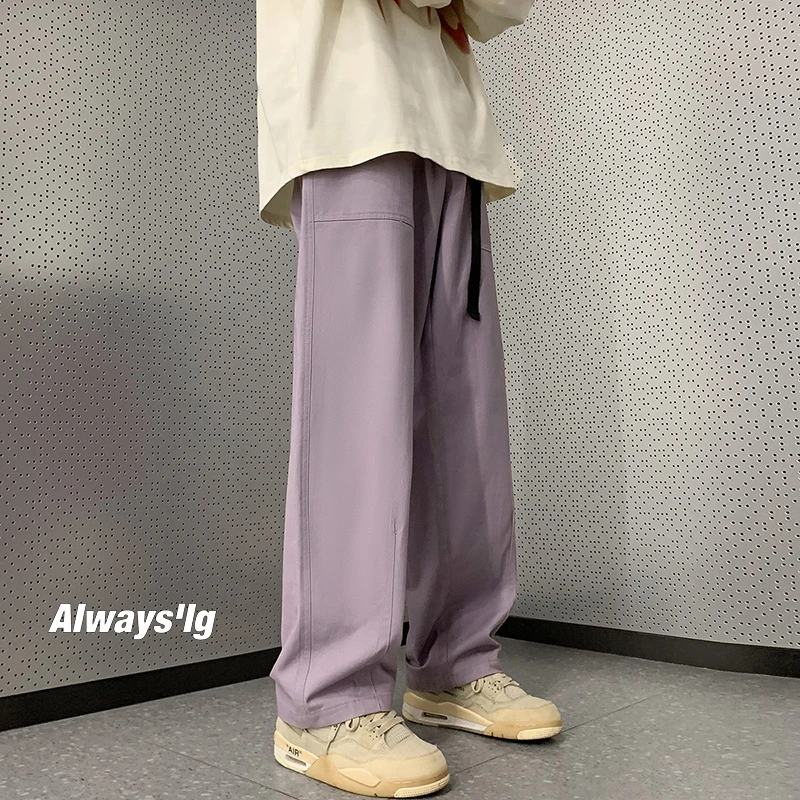 HK23598潮牌港风ins松紧腰系带直筒休闲工装长裤