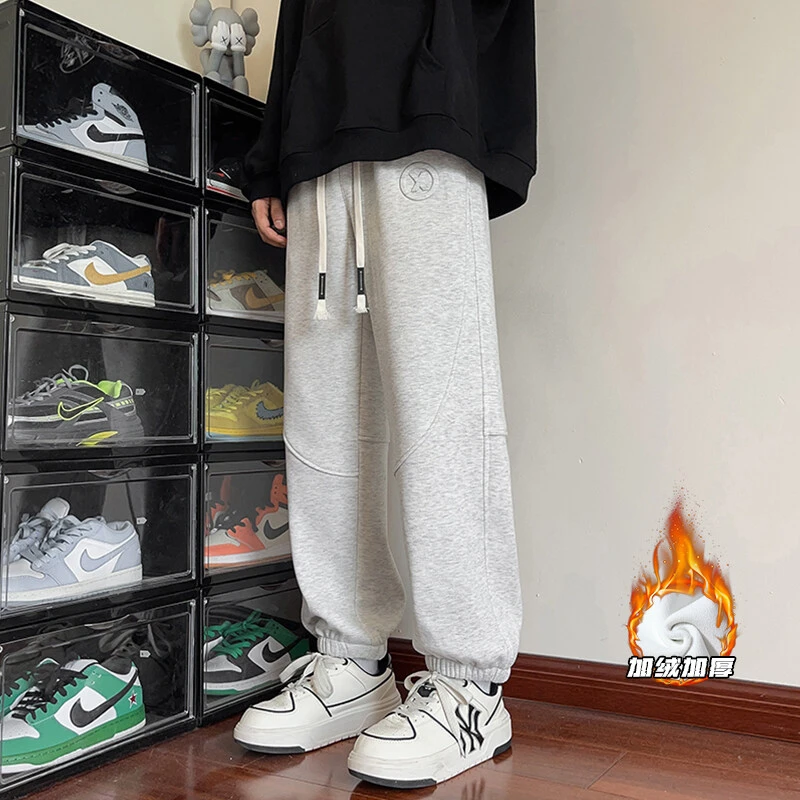 HK23846港风潮牌冬季保暖加绒加钢印休闲卫裤