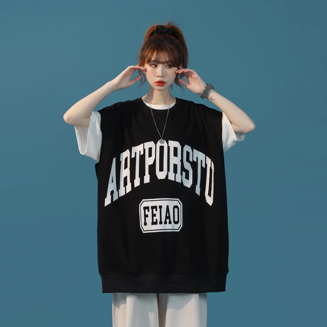 A913春秋季港风潮牌ins学院风情侣百搭无袖字母卫衣马甲