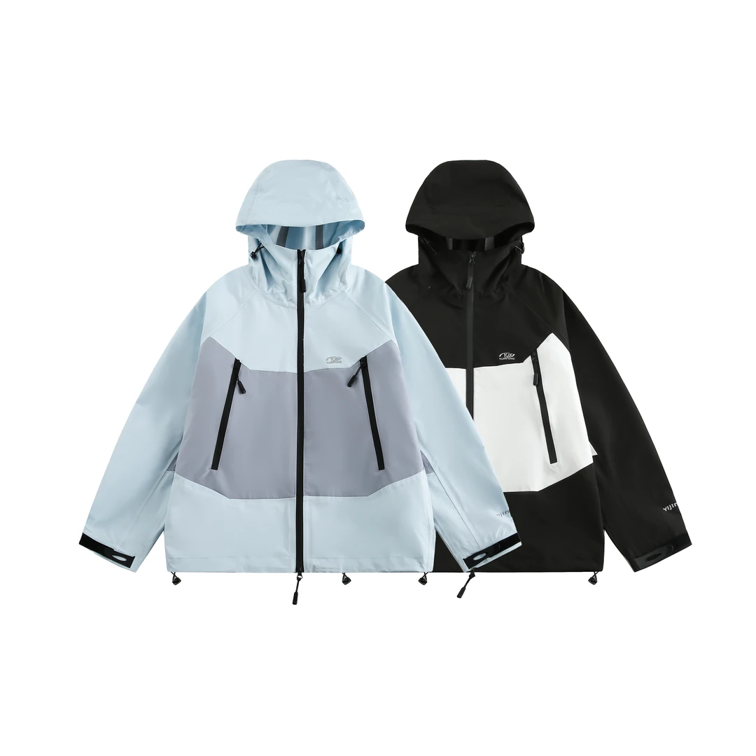 KM1108户外登山撞色拼接连帽冲锋衣情侣春季无痕压胶无缝拉链外套