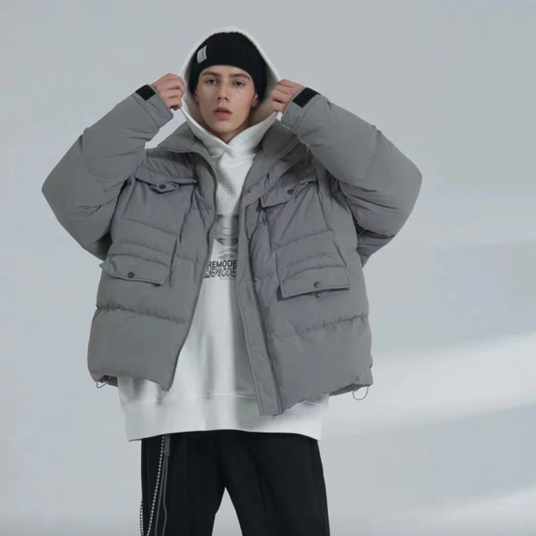 TH062潮牌THINGY日系复古外套情侣BF宽松立领拼色多口袋棉衣